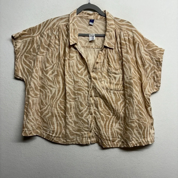 NWT OLD NAVY DOLMAN SLEEVE BLOUSE - SZ. XL Zebra Cropped Button Up Tan - Picture 1 of 8